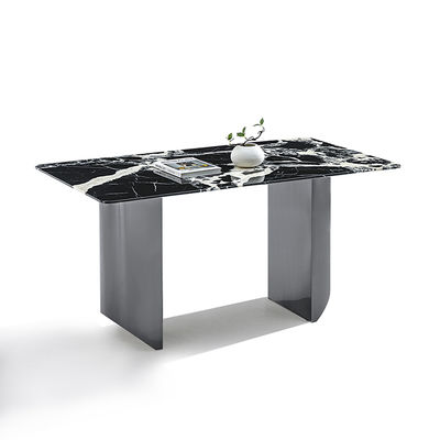 Bon prix Table de salle à manger en pierre frittée de taille personnalisée, couleur noire, base en acier inoxydable miroir en ligne