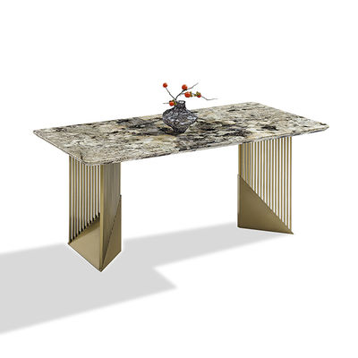 Bon prix Table de salle à manger en pierre frittée motif Pandora moderne, plateau avec revêtement PVD couleur or, base en acier inoxydable miroir en ligne